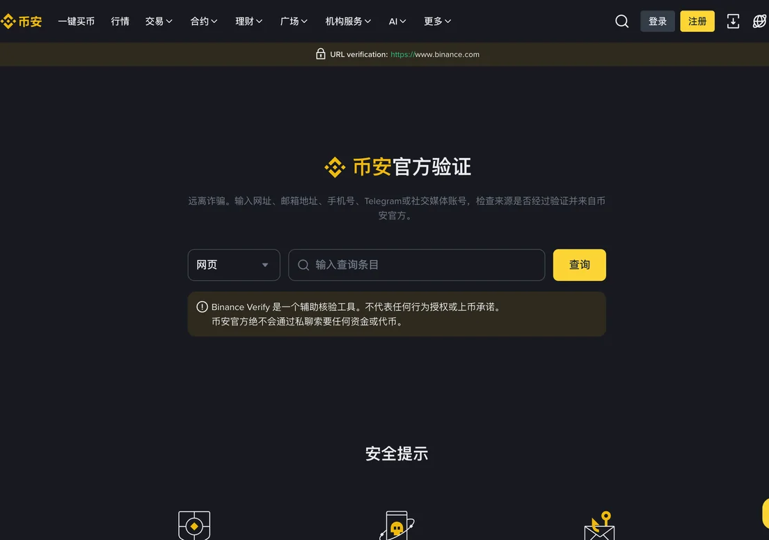 币安官方验证页，类型下拉框选网页，输入框为空，右侧是查询按钮，下方有安全提示框